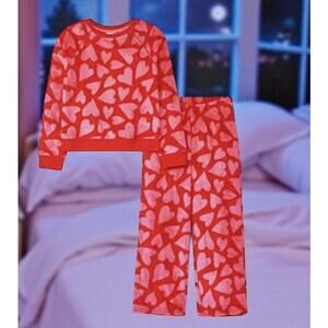 Girls 2pc Hearts Long Sleeve Cozy Pajama Set Cat & Jack Pink XL (14) Soft New